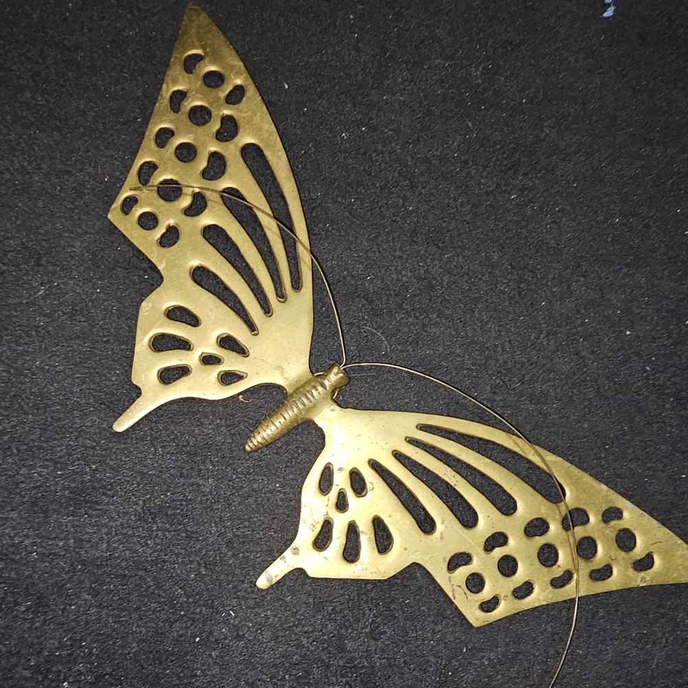 Vintage Mid-Century Golden Brass Butterflies Wall Hanging MCM